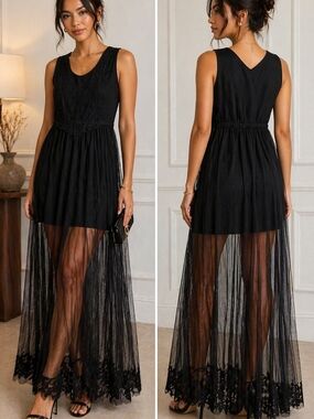 Hazel Black Sheer Maxi Dress Y2k Style Lace Overlay Size M Fairy Goth IndySleaze
